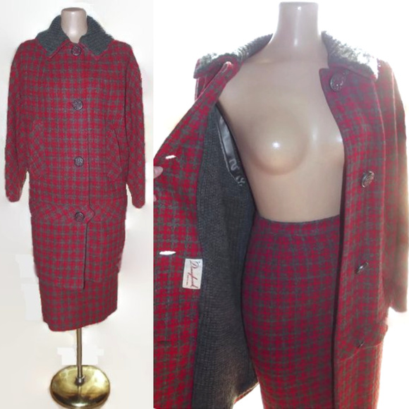 Vintage Dresses & Skirts - VINTAGE 50s Red Tweed Pencil Skirt & Coat Set Suit